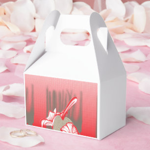 A vibrant graphic design features a red, patterned favor boxes