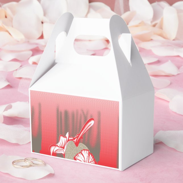 A vibrant graphic design features a red, patterned favor boxes (Wedding)