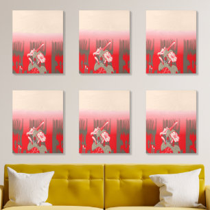 A vibrant graphic design features a red, patterned wood photo tile