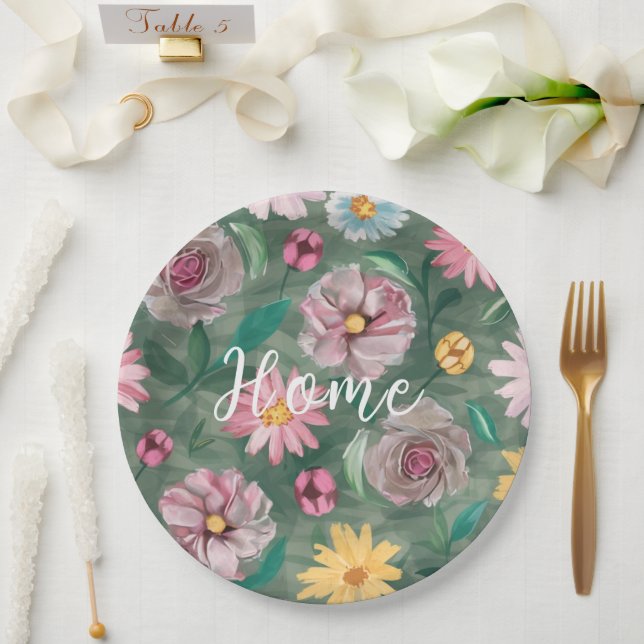 A vibrant green flowers pattern - Home Paper Plates (Wedding)