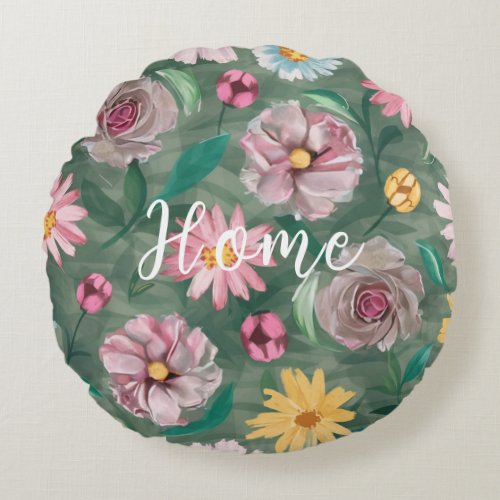 A vibrant green flowers pattern _ Home Round Pillow