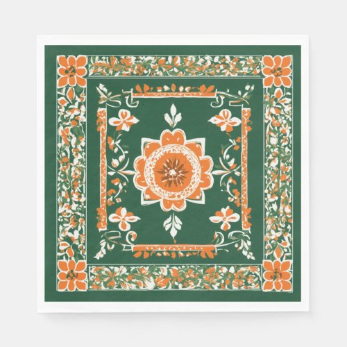  A Vibrant Green Tablecloth with Orange and White  Napkins