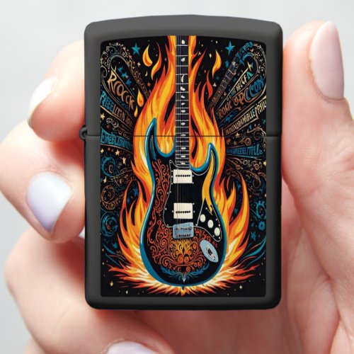 A vibrant guitar on fire in a passionate display zippo lighter