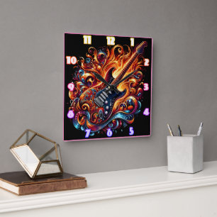 A vibrant guitar surrounded by swirling flames square wall clock