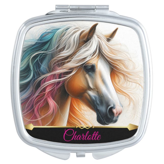 A vibrant horse with rainbow mane.  compact mirror (Front)