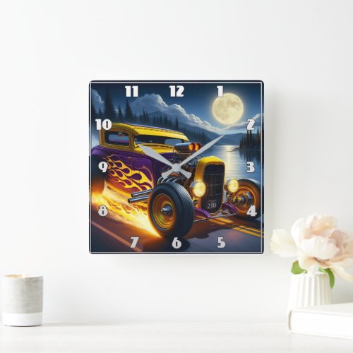 A vibrant hot rod cruising by the moonlit lake square wall clock