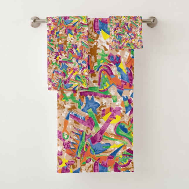 A vibrant modern art piece featuring a pink and mu bath towel set (Insitu)