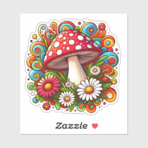 A Vibrant Mushroom Surrounded by Colorful Flowers Sticker