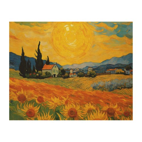 A vibrant oil painting close up of a sun and mon b wood wall art