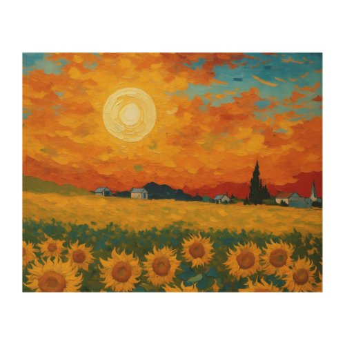 A vibrant oil painting close up of a sun and mon b wood wall art