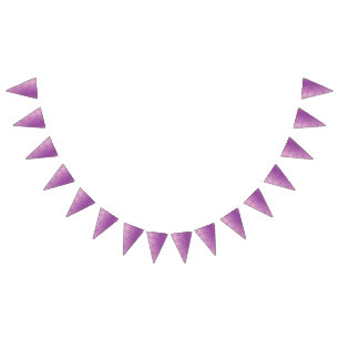 A vibrant purple fabric design featuring intricate bunting flags