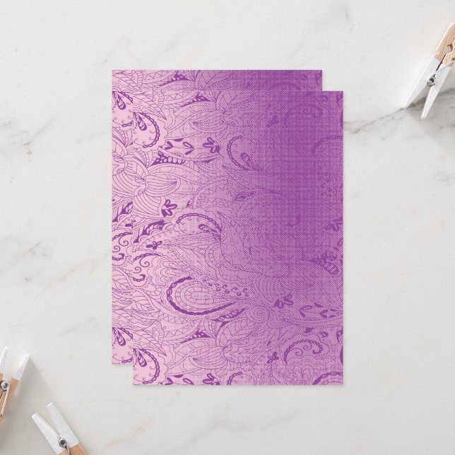 A vibrant purple fabric design featuring intricate invitation (Front/Back In Situ)