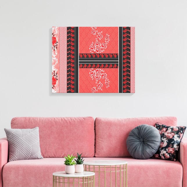 A vibrant red and black scarf adorned with a strik canvas print (Insitu(LivingRoom))