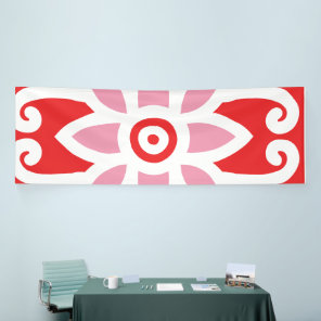 A vibrant red and white design featuring a delicat banner