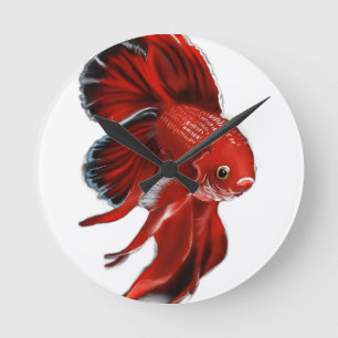 A vibrant red betta fish swimming. round clock