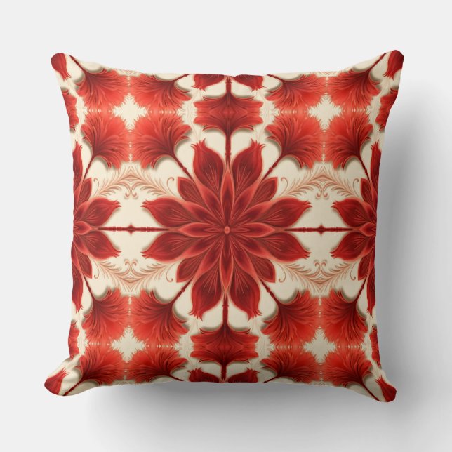 A vibrant red floral fabric pattern design  throw pillow (Front)