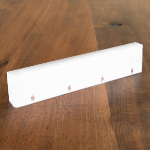 A vibrant red graphic features a creative floral d desk name plate