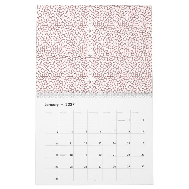 A vibrant rug featuring an intricate geometric mot calendar (Jan 2027)