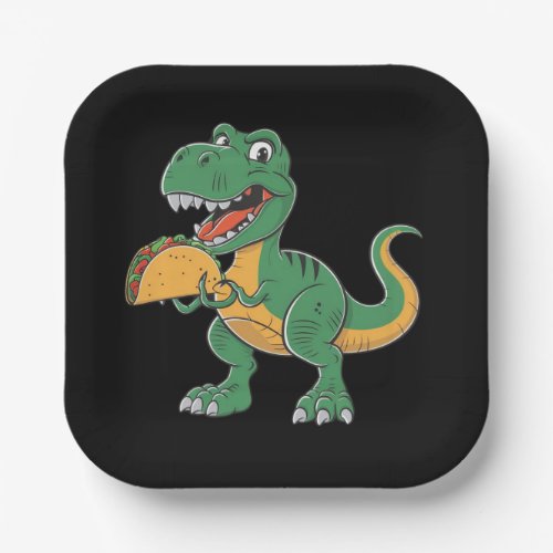 a vibrant_style cartoon funny t rex holding taco  paper plates