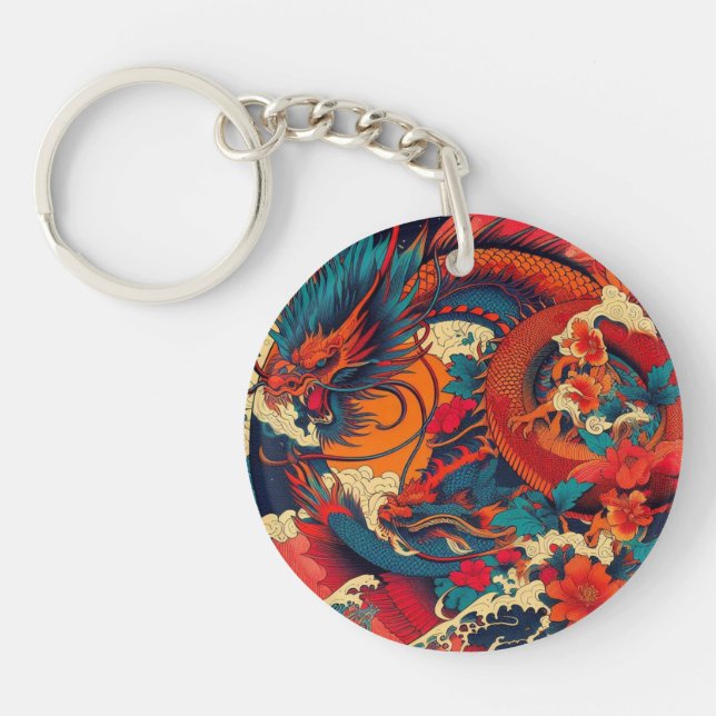 A vibrant, stylized ukiyo-e print keychain (Front)