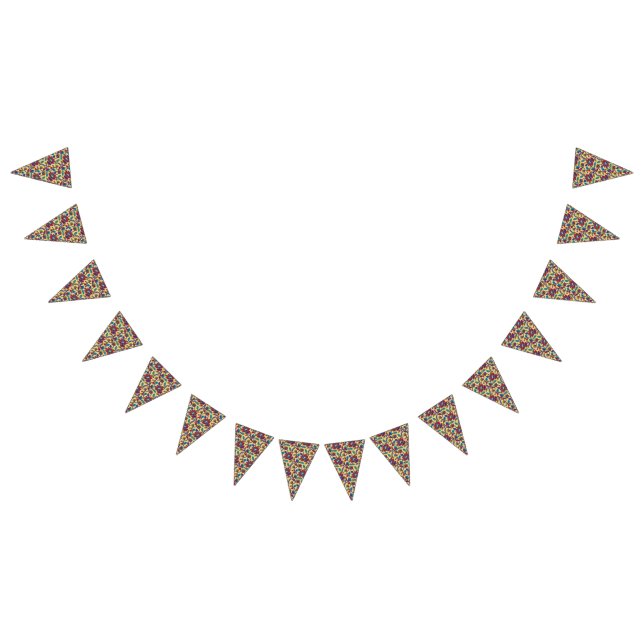 A vibrant textile art piece featuring bold red, ye bunting flags (All)