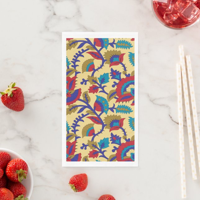 A vibrant textile art piece featuring bold red, ye paper guest towels (Insitu)