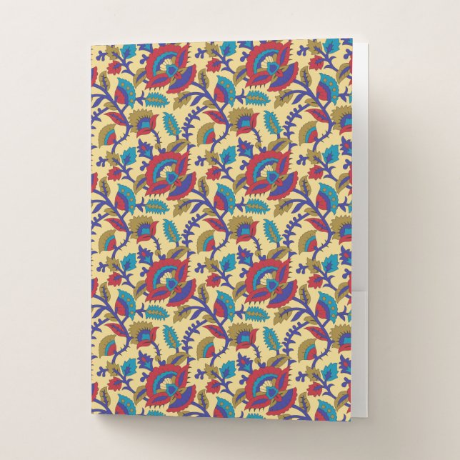 A vibrant textile art piece featuring bold red, ye pocket folder (Front)