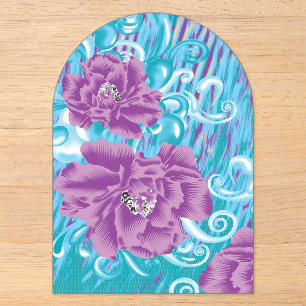 A vibrant textile design featuring purple and turq acrylic invitations