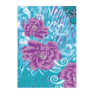 A vibrant textile design featuring purple and turq acrylic print