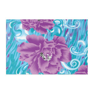 A vibrant textile design featuring purple and turq acrylic print