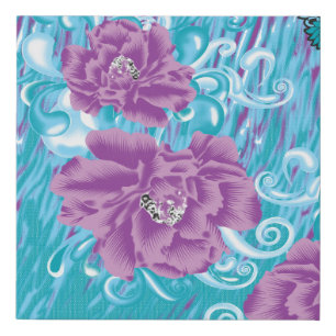 A vibrant textile design featuring purple and turq faux canvas print