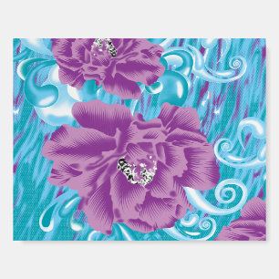A vibrant textile design featuring purple and turq foam board