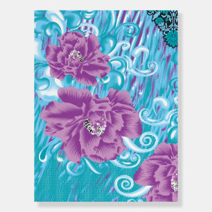 A vibrant textile design featuring purple and turq foam board