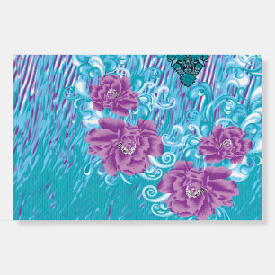 A vibrant textile design featuring purple and turq foam board