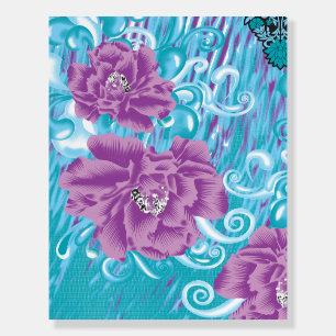 A vibrant textile design featuring purple and turq foam board