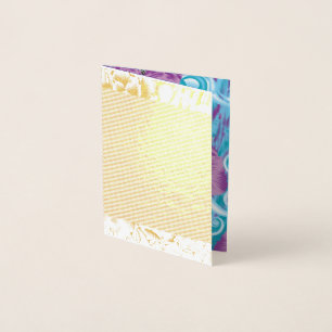 A vibrant textile design featuring purple and turq foil card