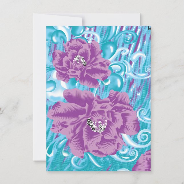 A vibrant textile design featuring purple and turq invitation (Front)
