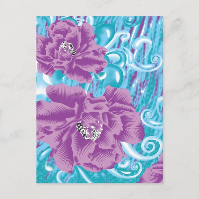 A vibrant textile design featuring purple and turq invitation postcard (Front)