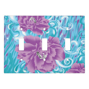 A vibrant textile design featuring purple and turq light switch cover