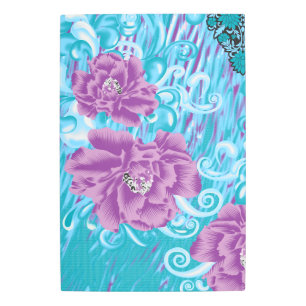 A vibrant textile design featuring purple and turq metal print