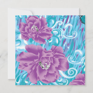A vibrant textile design featuring purple and turq note card