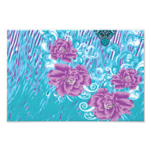 A vibrant textile design featuring purple and turq photo print