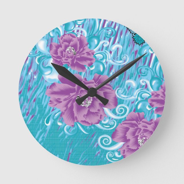 A vibrant textile design featuring purple and turq round clock (Front)
