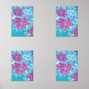 A vibrant textile design featuring purple and turq wall art sets