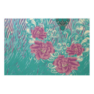 A vibrant textile design featuring purple and turq wood wall art
