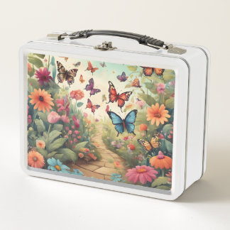 A vibrant Whimsical Butterfly Metal Lunch Box
