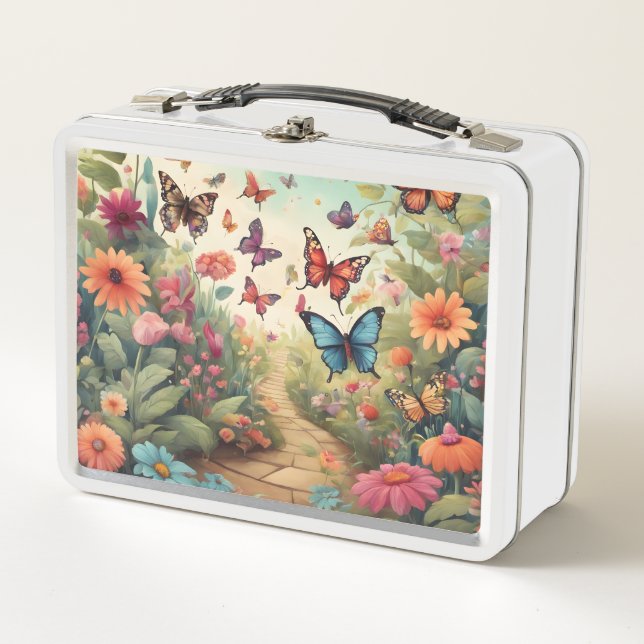 A vibrant Whimsical Butterfly Metal Lunch Box (Front)