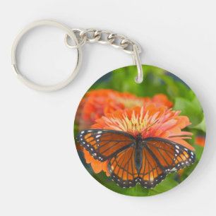 A Viceroy Butterfly on Orange Zinnias Keychain