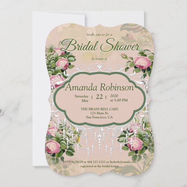 A Victorian Garden Green with Pink Roses Invitation (Front)