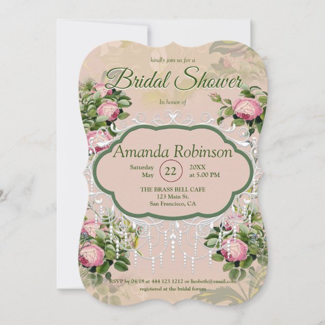 A Victorian Garden Green with Pink Roses Invitation (Front)